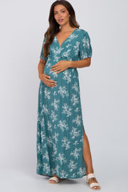 Teal Floral V-Neck Smocked Maternity Maxi Dress