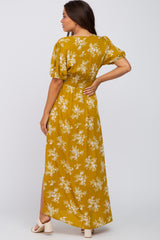 Yellow Floral V-Neck Smocked Maternity Maxi Dress