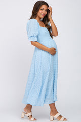 Light Blue Textured Smocked Maternity Midi Dress