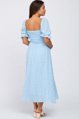 Light Blue Textured Smocked Maternity Midi Dress