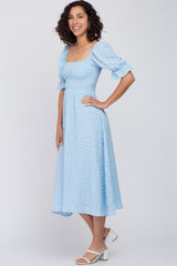 Light Blue Textured Smocked Midi Dress