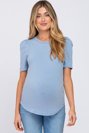 Blue Puff Sleeve Maternity Top