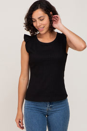 Black Ribbed Ruffle Shoulder Tank Top