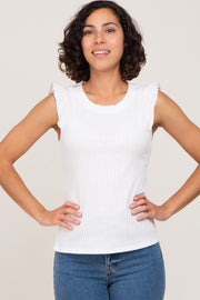 White Ribbed Ruffle Shoulder Tank Top