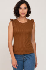 Brown Ribbed Ruffle Shoulder Tank Top