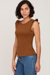 Brown Ribbed Ruffle Shoulder Tank Top