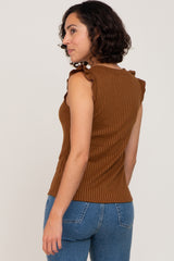 Brown Ribbed Ruffle Shoulder Tank Top