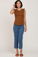 Brown Ribbed Ruffle Shoulder Tank Top