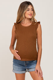 Brown Ribbed Ruffle Shoulder Maternity Tank Top