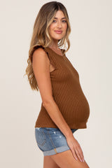 Brown Ribbed Ruffle Shoulder Maternity Tank Top