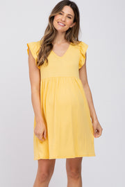 Yellow Flutter Sleeve V-Neck Maternity Dress