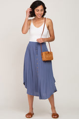 Navy Blue Button Front Accent Round Hem Midi Skirt