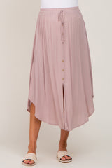 Mauve Button Front Accent Round Hem Maternity Midi Skirt