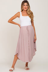 Mauve Button Front Accent Round Hem Maternity Midi Skirt