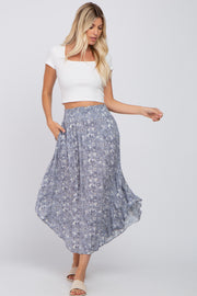 Blue Floral Round Hem Midi Skirt