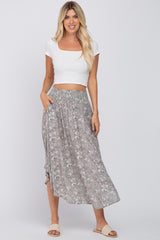 Light Olive Floral Round Hem Maternity Midi Skirt