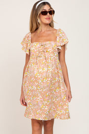 Peach Floral Front Tie Ruffle Short Sleeve Maternity Dress