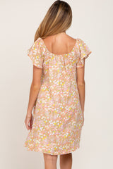 Peach Floral Front Tie Ruffle Short Sleeve Maternity Dress