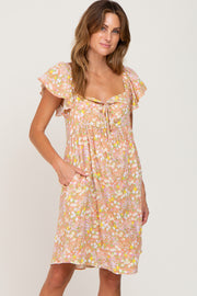 Peach Floral Front Tie Ruffle Short Sleeve Dress