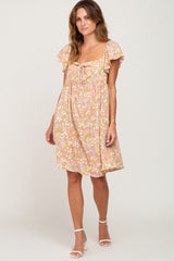 Peach Floral Front Tie Ruffle Short Sleeve Dress