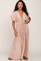 Light Pink Deep V-Neck Button Down Maxi Dress