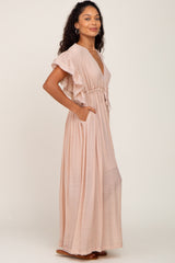 Light Pink Deep V-Neck Button Down Maxi Dress