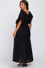 Black Deep V-Neck Button Down Maternity Maxi Dress