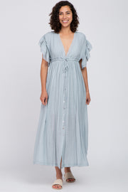 Light Blue Deep V-Neck Button Down Maxi Dress