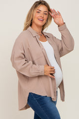 Taupe Crepe Maternity Plus Button Up Shirt