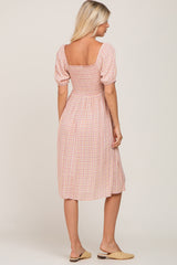 Pink Gingham Print Smocked Midi Dress