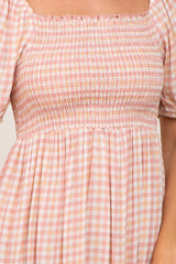 Pink Gingham Print Smocked Midi Dress