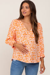 Coral Floral Paisley Button Front 3/4 Sleeve Maternity Blouse