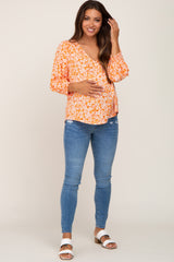 Coral Floral Paisley Button Front 3/4 Sleeve Maternity Blouse