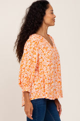 Coral Floral Paisley Button Front 3/4 Sleeve Blouse