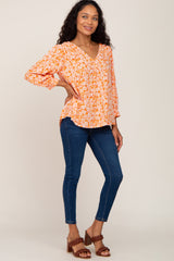 Coral Floral Paisley Button Front 3/4 Sleeve Blouse