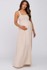 Beige Textured Smocked Maternity Maxi Dress