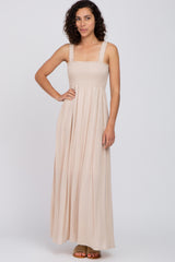 Beige Textured Smocked Maternity Maxi Dress