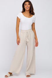 Beige Linen Smocked Waist Pants