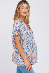 Blue Tropical Floral Short Dolman Sleeve Maternity Top