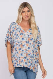 Blue Tropical Floral Short Dolman Sleeve Top