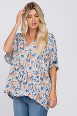 Blue Tropical Floral Short Dolman Sleeve Top