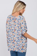 Blue Tropical Floral Short Dolman Sleeve Top