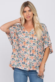 Light Olive Tropical Floral Short Dolman Sleeve Top