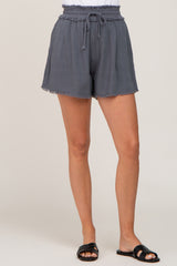 Charcoal Soft Linen Frayed Drawstring Shorts