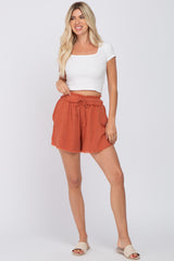 Rust Soft Linen Frayed Drawstring Maternity Shorts