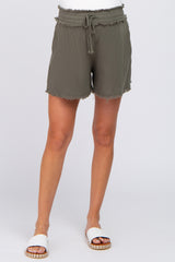 Olive Soft Linen Frayed Drawstring Maternity Shorts