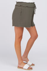 Olive Soft Linen Frayed Drawstring Maternity Shorts