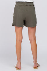 Olive Soft Linen Frayed Drawstring Maternity Shorts