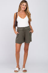 Olive Soft Linen Frayed Drawstring Maternity Shorts