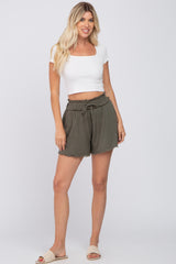 Olive Soft Linen Frayed Drawstring Maternity Shorts